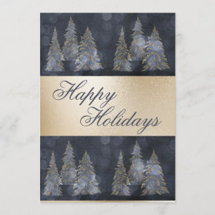 Gold Metallic Blue Elegant Pine Happy Holidays Holiday Card