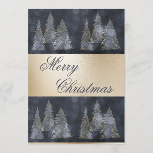 Gold Metallic Blue Elegant Pine Merry Christmas Holiday Card