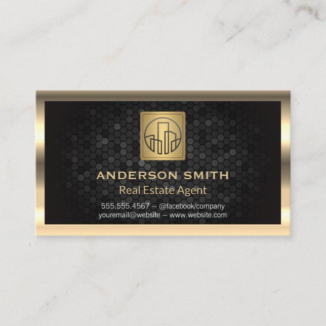 Gold Metallic Border | Building Icon | Geometric Business Card (Front)