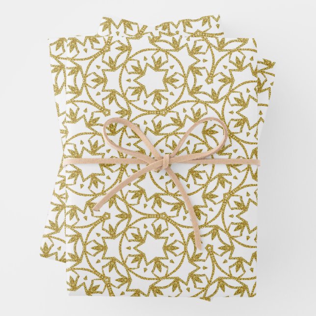 Gold Metallic Christmas Stars Pattern Yellow Wrapping Paper Sheet (In situ)