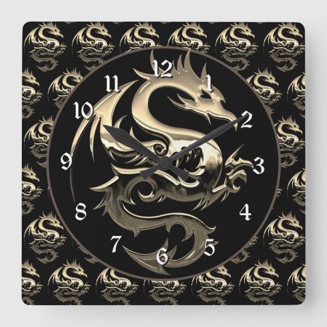 Gold Metallic Dragon Square Wall Clock (Front)