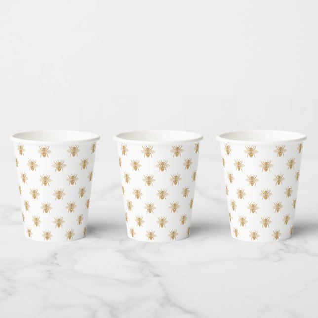 Gold Metallic Faux Foil Photo-Effect Bees on White Paper Cups (Multi)