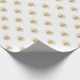 Gold Metallic Faux Foil Photo-Effect Bees on White Wrapping Paper