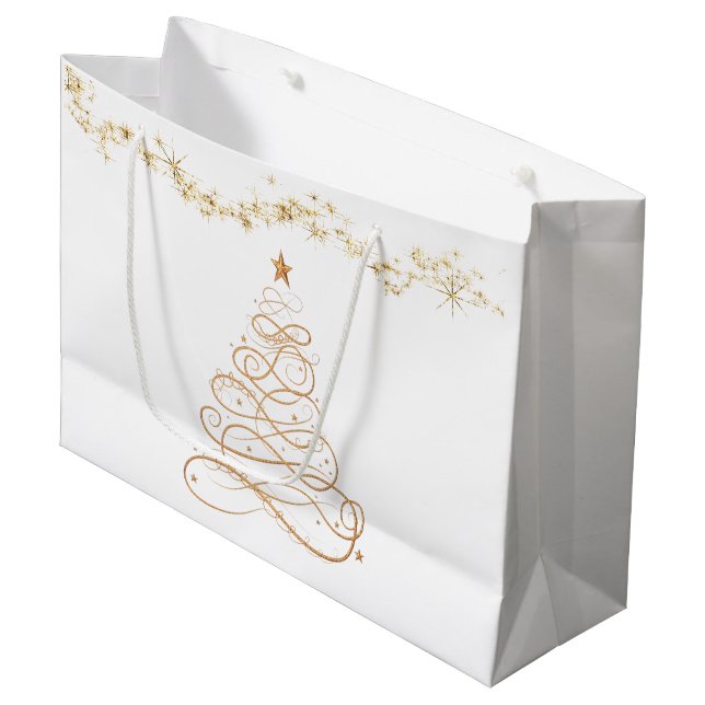 Gold Metallic Filigree Christmas Tree Large Gift Bag (Front Angled)