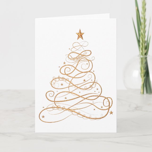 Gold Metallic Filigree Christmas Tree Minimalist Holiday Card (Front)