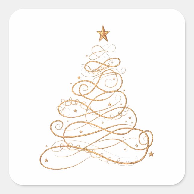 Gold Metallic Filigree Christmas Tree Minimalist Square Sticker (Front)