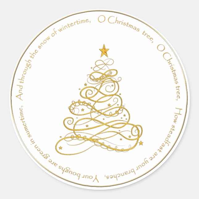 Gold Metallic Filigree "O Christmas Tree" Lyrics Classic Round Sticker (Front)