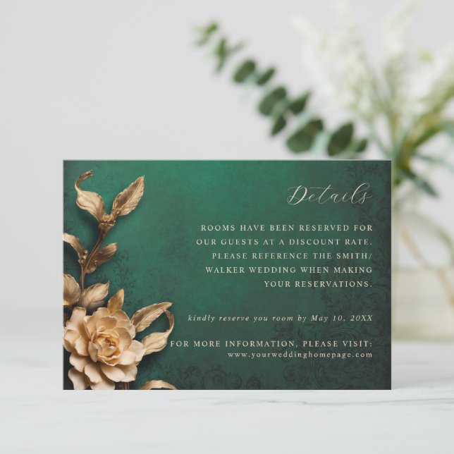 Gold metallic flowers wedding details card (Standing Front)