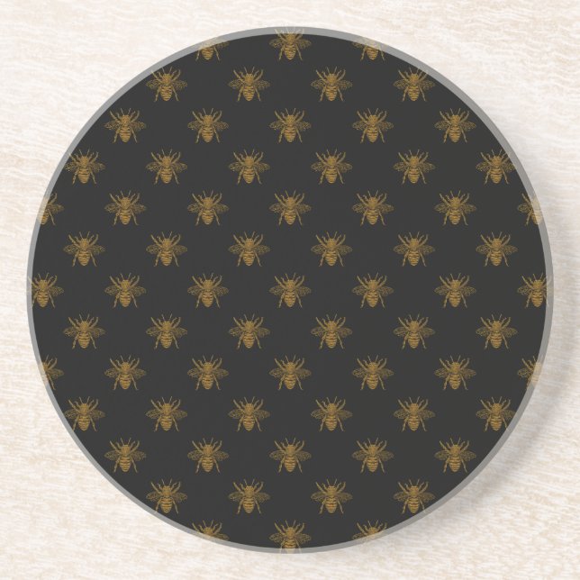 Gold Metallic Foil Bees on Black Coaster (Front)