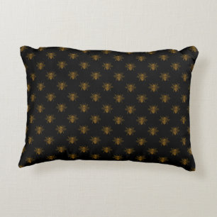 Gold Metallic Foil Bees on Black Decorative Pillow