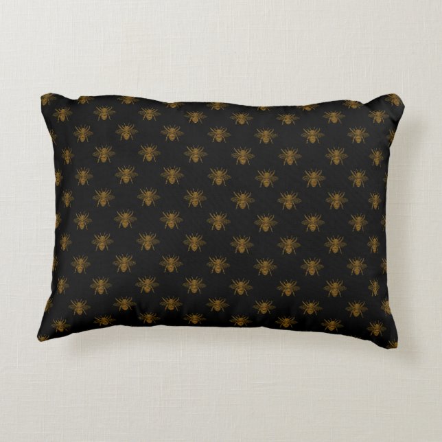 Gold Metallic Foil Bees on Black Decorative Pillow (Back)