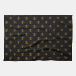 Gold Metallic Foil Bees on Black Kitchen Towel