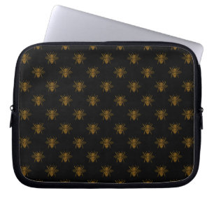 Gold Metallic Foil Bees on Black Laptop Sleeve