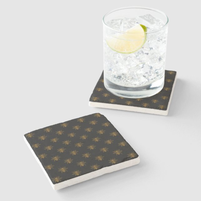 Gold Metallic Foil Bees on Black Stone Coaster (Side)