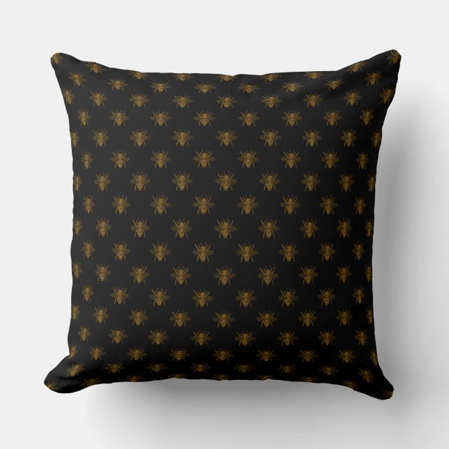 Gold Metallic Foil Bees on Black Throw Pillow (Front)