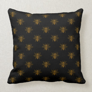 Gold Metallic Foil Bees on Black Throw Pillow