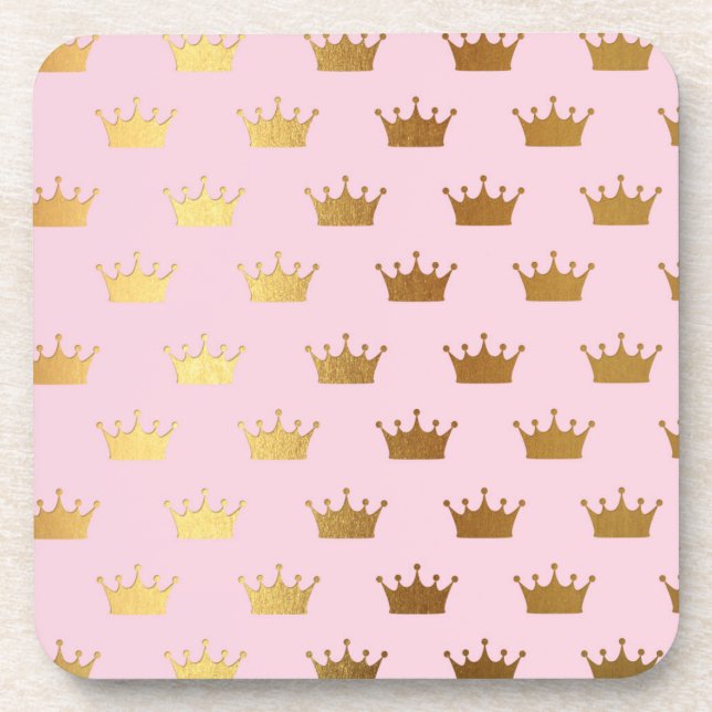 Gold Metallic Foil Crown Crowns Pink Royal Modern Coaster (Front)