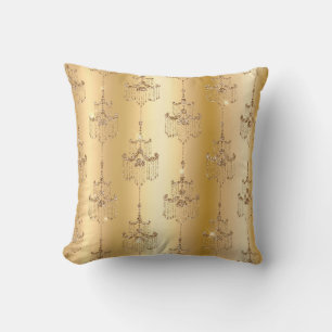 Gold Metallic Foil & Faux Glitter Glam Chandeliers Throw Pillow