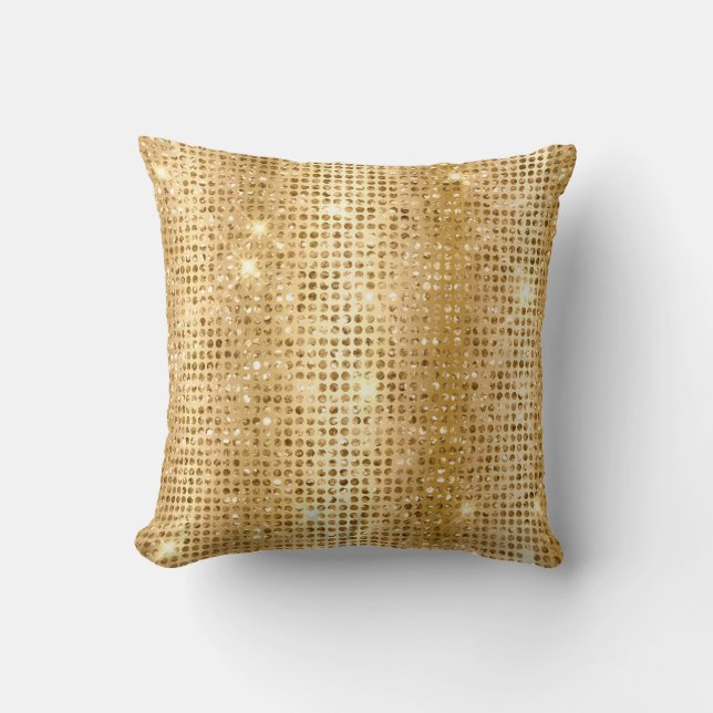 Gold Metallic Foil & Faux Glitter Glam Dots Throw Pillow (Front)
