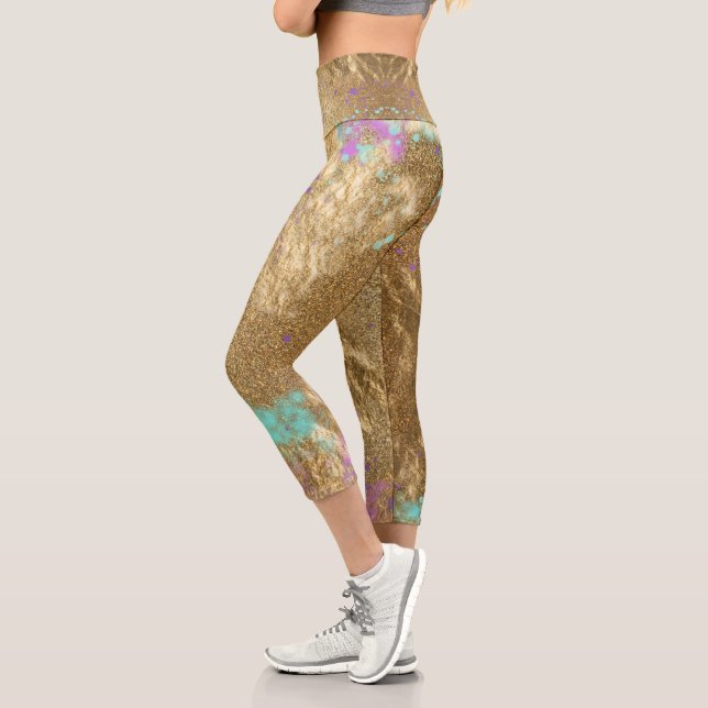 Gold Metallic Foil Glitter Artistic Modern Glam Capri Leggings (Left)