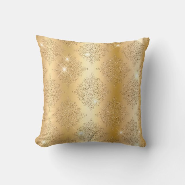 Gold Metallic Foil & Glitter Glam Filigree Pattern Throw Pillow (Front)