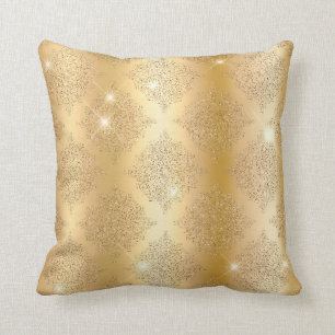 Gold Metallic Foil & Glitter Glam Filigree Pattern Throw Pillow