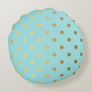 Gold Metallic Foil Polka Dots Teal Aqua Modern Round Pillow