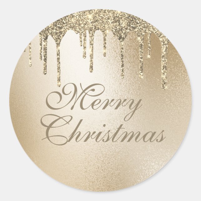 Gold Metallic Glitter Drip Elegant Merry Christmas Classic Round Sticker (Front)