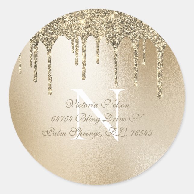 Gold Metallic Glitter Drip Elegant Monogram Classic Round Sticker (Front)