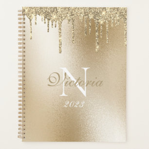 Gold Metallic Glitter Drip Monogram Elegant Planner