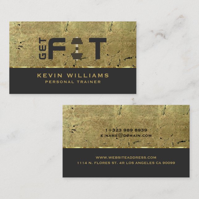 Gold Metallic Grunge Texture Fitness Trainer Business Card (Front/Back)