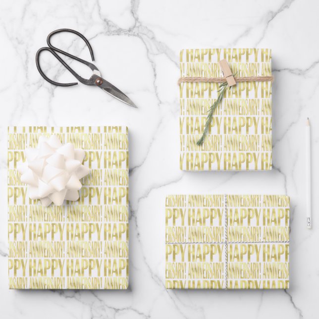 Gold metallic happy anniversary stylish chic wrapping paper sheet (Front)