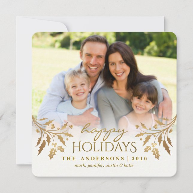 Gold Metallic Holly Berry Carte Plat Photo Holiday (Devant)