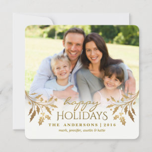 Gold Metallic Holly Berry Carte Plat Photo Holiday