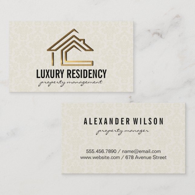 Gold Metallic Home | Damask Pattern Business Card (Front/Back)