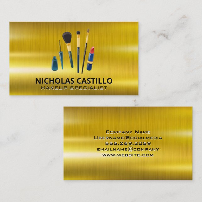 Gold Metallic | Makeup Brushes Business Card (Front/Back)