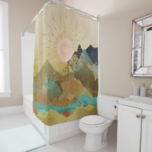 Gold Metallic Mountain Vista Landscape Shower Curt