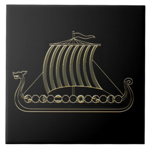 Gold Metallic Outline of Viking Longboat Tile