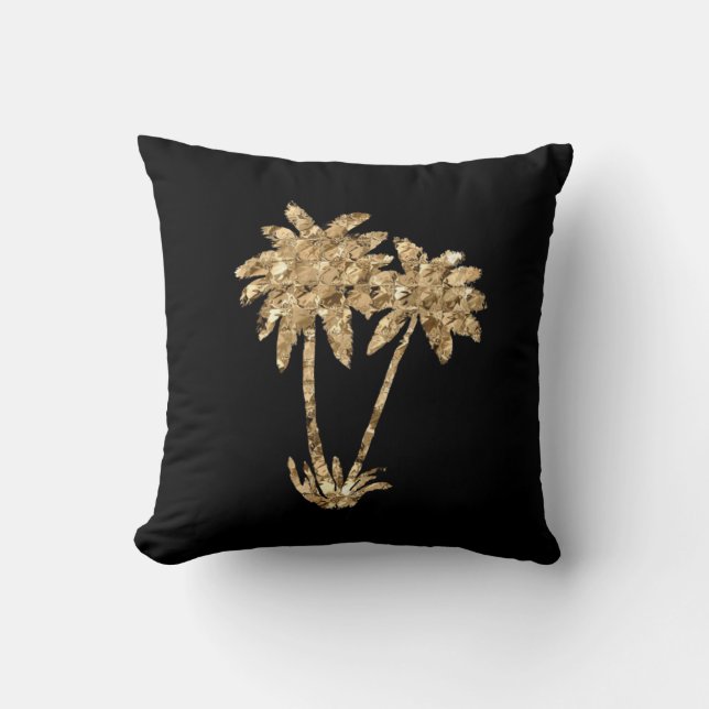 Gold Metallic Palm Trees on Black Throw Pillow (Front)