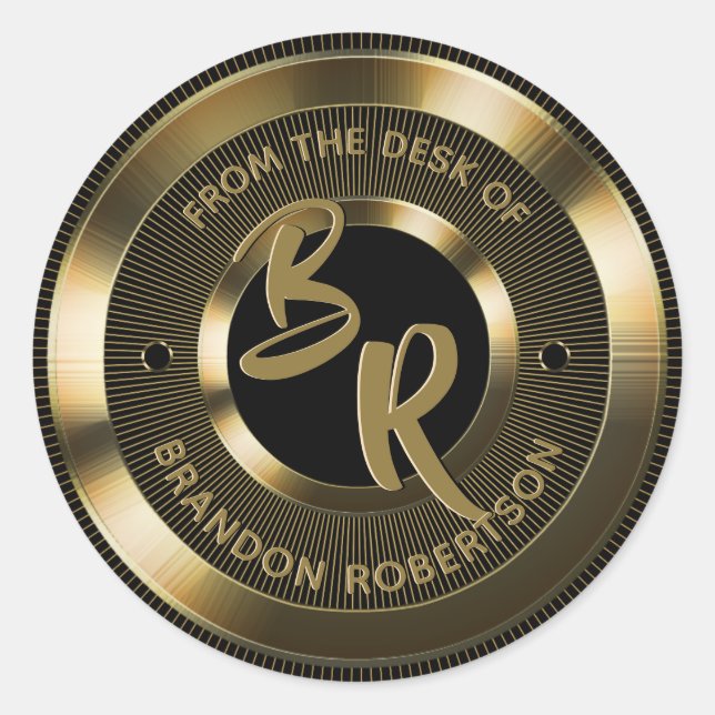 Gold Metallic Personalized Initial Classic Round Sticker (Front)