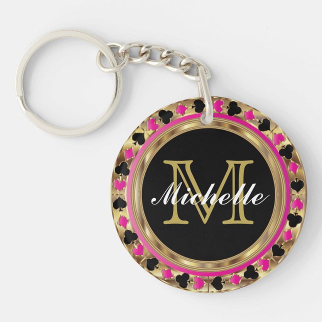 Gold Metallic Pink Poker Design | Monogram Keychain (Front)