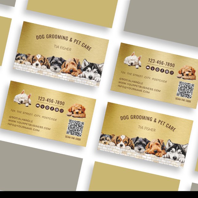 Gold Metallic QR Code Social Media Dog Grooming  Business Card (Creator Uploaded)