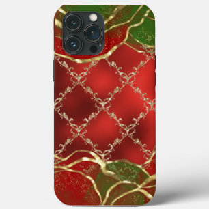 Gold Metallic Red Green Alcohol Ink Holiday Damask iPhone 13 Pro Max Case