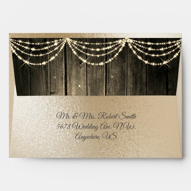 Gold Metallic Rustic Wood Lights Wedding Envelope (Back (Top Flap))