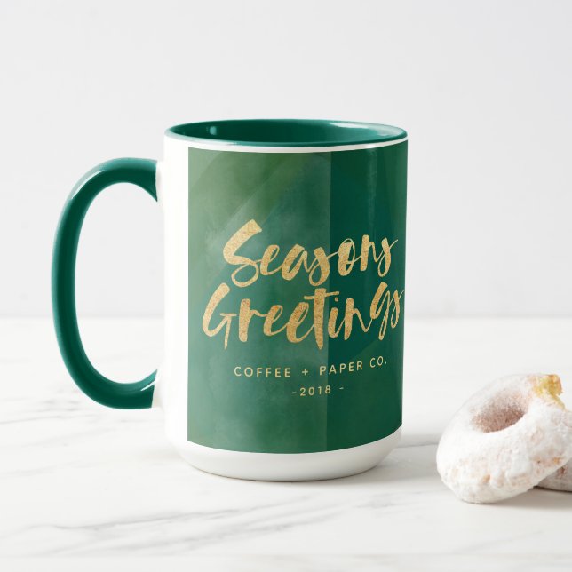 Gold metallic seasons greetings corporate mug (With Donut)