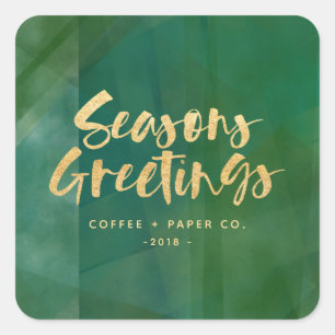Gold metallic seasons greetings square sticker