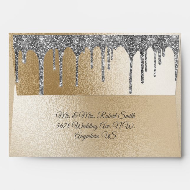 Gold Metallic Silver Glitter Drip Elegant Wedding Envelope (Back (Top Flap))