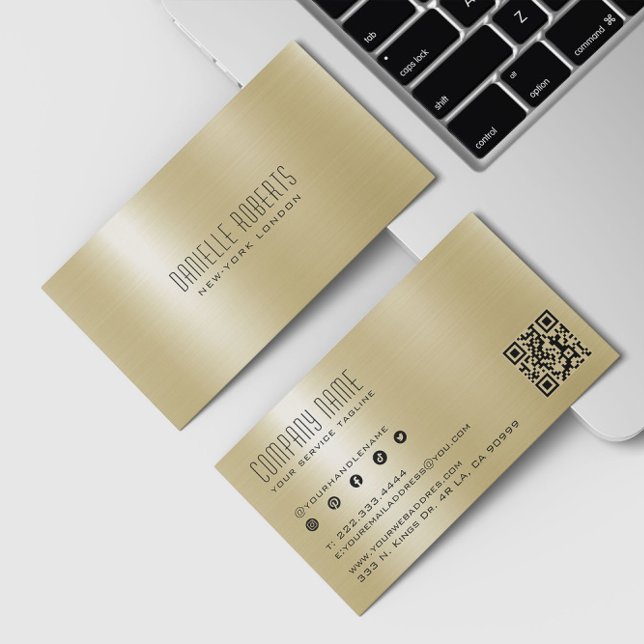 Gold Metallic Stainless Steel Texture QR Code Business Card (Creator Uploaded)