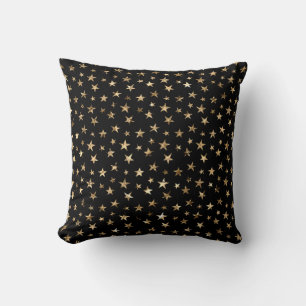 Gold Metallic Stars on Black Throw Pillow