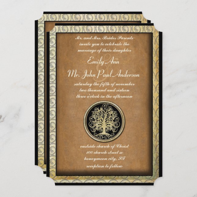 Gold Metallic Swirl Tree Gold Border Wedding Invitation (Front/Back)